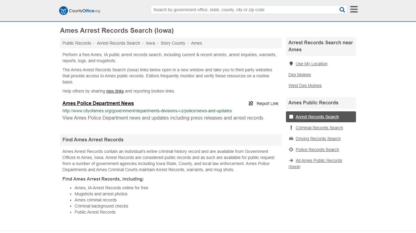 Arrest Records Search - Ames, IA (Arrests & Mugshots) - County Office